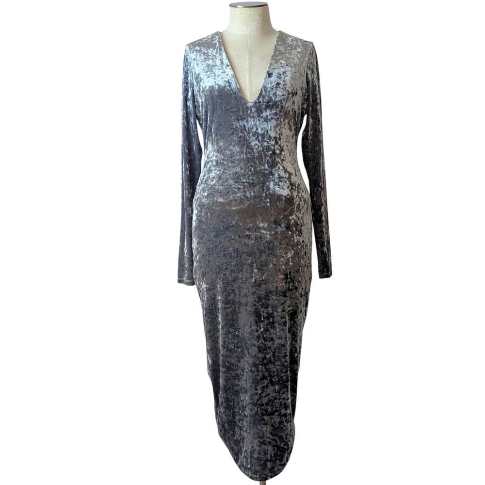 Good American Midi Dress Crushed Velvet Plunge Neck Long Sleeves Carbon M NWT